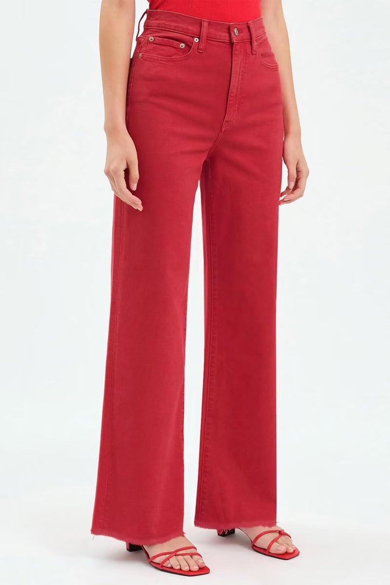 Allimy Straight Leg Jeans for Women High Waisted High Rise Baggy Flare Boot Cut Bell Bottom Stretch Raw Hem Mom Tall Womens Jeans Wide Leg Denim Pants Red US 12 - Image 5