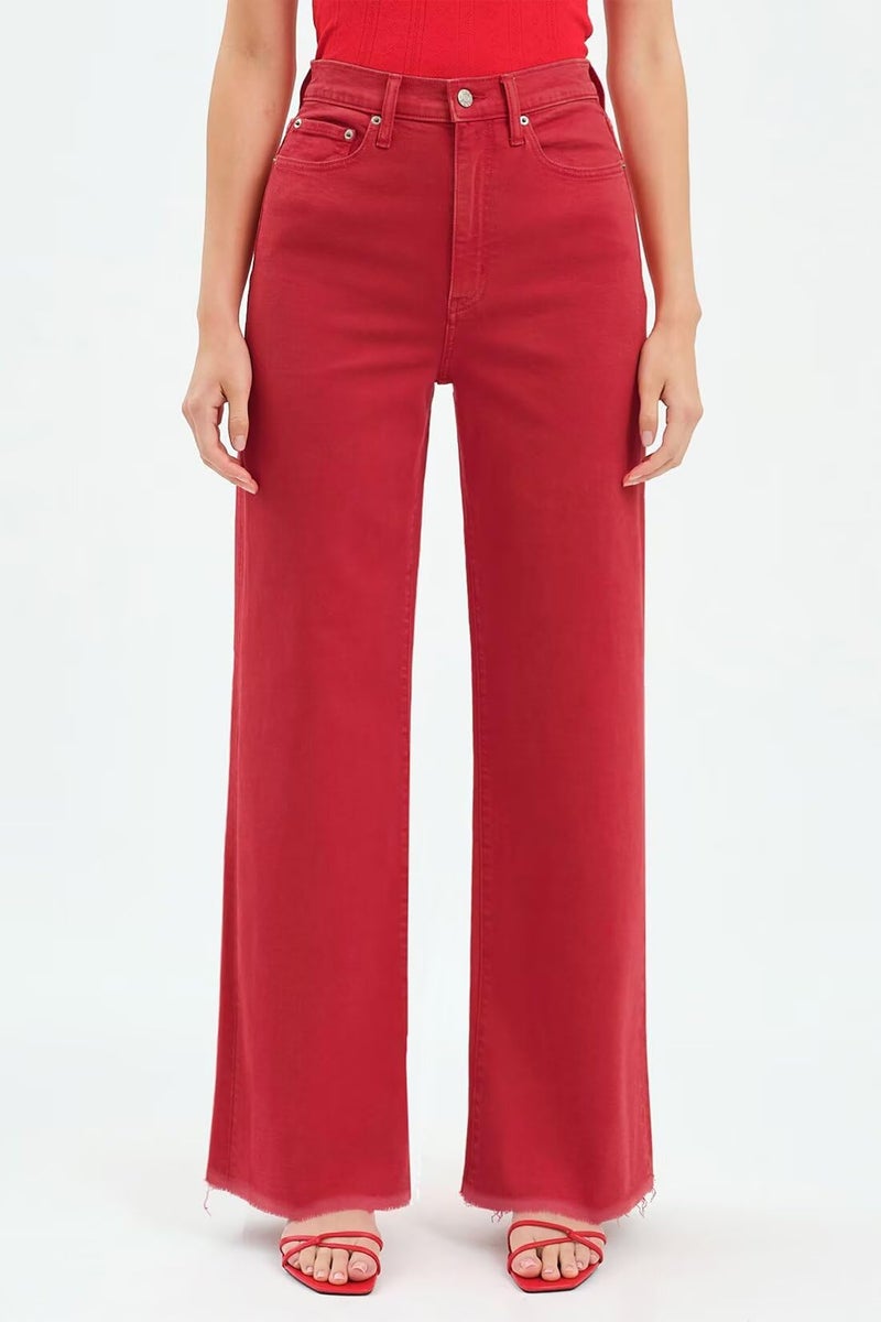 Allimy Straight Leg Jeans for Women High Waisted High Rise Baggy Flare Boot Cut Bell Bottom Stretch Raw Hem Mom Tall Womens Jeans Wide Leg Denim Pants Red US 12 - Image 4