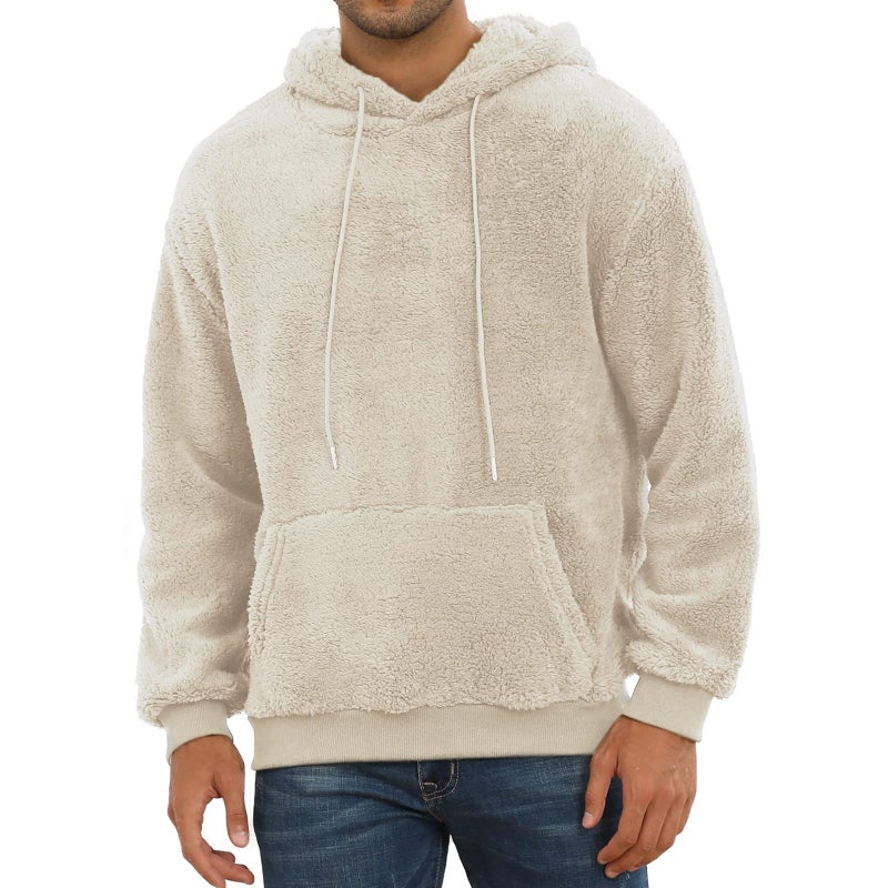 PEGENO Mens Fuzzy Hooded Sweatshirt Fleece Hoodie Pullover Sherpa Hoodies with Pocketï¼ˆWarm White Largeï¼‰ - Image 3