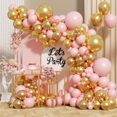 ADOINBY Pink and Gold Balloon Arch Kit 154Pcs Baby Pink Metallic Gold Latex Balloon Garland kit 18 12 10 5 Inch Different Size Balloons for Birthday Galentines Day Valentines Day Party Decorations - Image 1