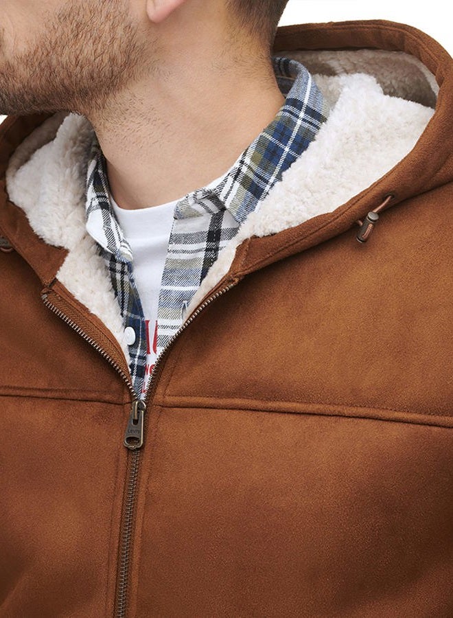 Levi's Men's Faux Shearling Hoody Bomber Jacket, Brown Faux Shearling, L - Image 4