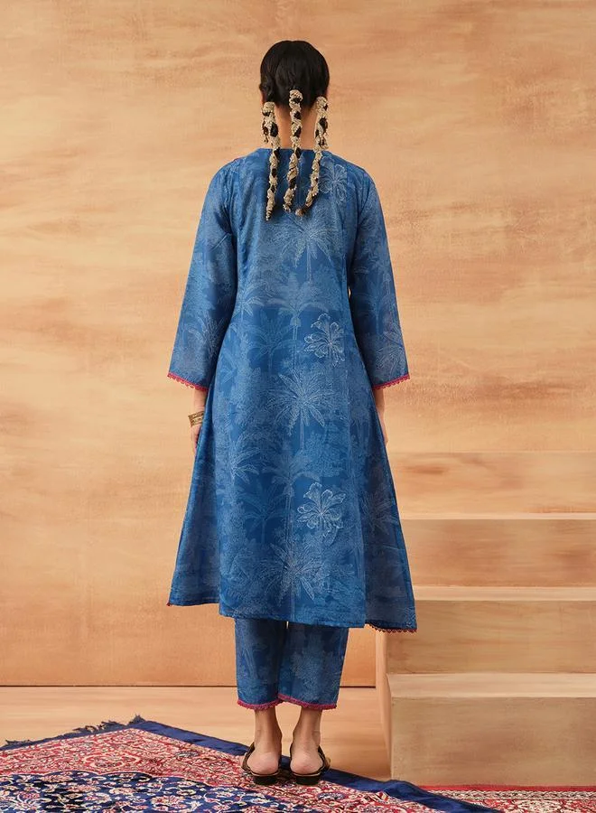 ISHIN Women's Blue Cotton Cambric Printed Tunic Top With Ankle Palazzo Flared 2 Peice Kurta Set