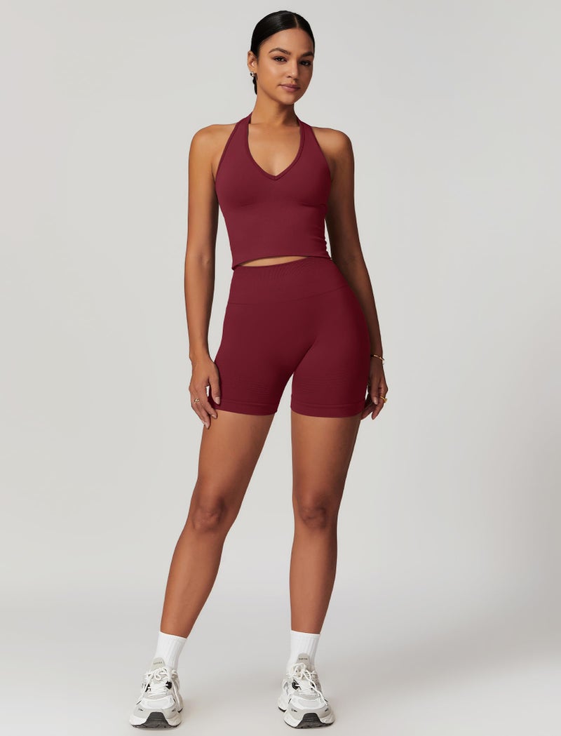 ABOCIW Workout Sets for Women 2 Piece Seamless Halter Cropped Tank Longline Sports Bra Scrunch Butt High Waist Shorts Gym Sets Yoga Pilates Outfits Athletic Work Out Clothes Cherry Red Small - Image 4