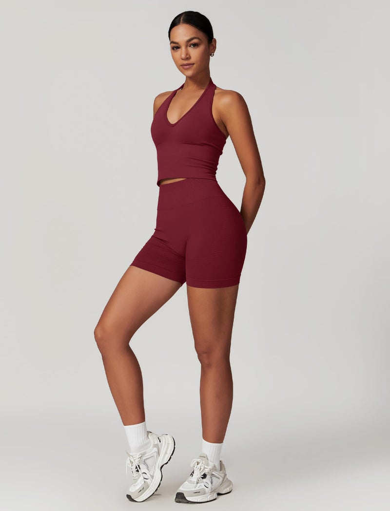 ABOCIW Workout Sets for Women 2 Piece Seamless Halter Cropped Tank Longline Sports Bra Scrunch Butt High Waist Shorts Gym Sets Yoga Pilates Outfits Athletic Work Out Clothes Cherry Red Small - Image 5