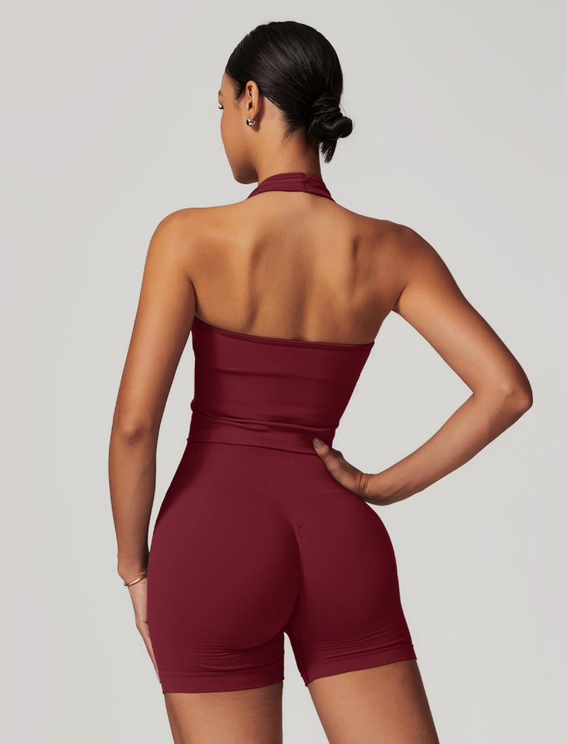 ABOCIW Workout Sets for Women 2 Piece Seamless Halter Cropped Tank Longline Sports Bra Scrunch Butt High Waist Shorts Gym Sets Yoga Pilates Outfits Athletic Work Out Clothes Cherry Red Small - Image 2