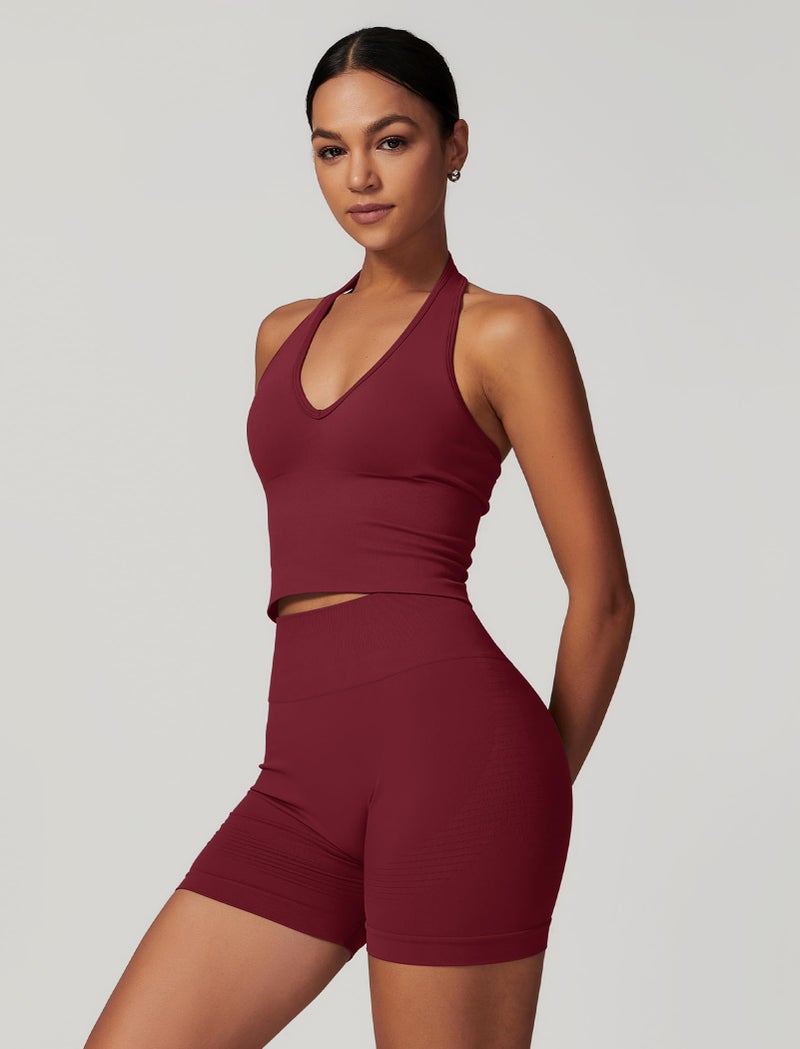 ABOCIW Workout Sets for Women 2 Piece Seamless Halter Cropped Tank Longline Sports Bra Scrunch Butt High Waist Shorts Gym Sets Yoga Pilates Outfits Athletic Work Out Clothes Cherry Red Small - Image 3