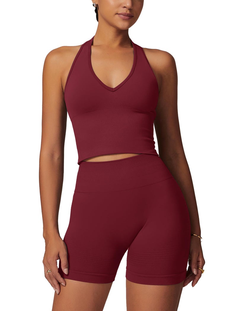 ABOCIW Workout Sets for Women 2 Piece Seamless Halter Cropped Tank Longline Sports Bra Scrunch Butt High Waist Shorts Gym Sets Yoga Pilates Outfits Athletic Work Out Clothes Cherry Red Small - Image 1