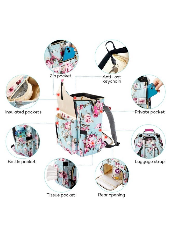LitBear Diaper Backpack Large Capacity Multifunction Nappy Bags Waterproof Floral Insulated Durable Travel Maternity Back Pack For Baby Girls With Diaper Pad Bottle Bag (Rose Flower)  - Image 4