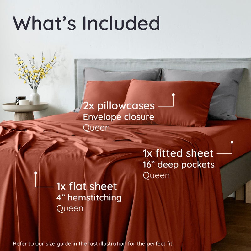 Bambaw 100% Viscose Derived From Bamboo Sheets Queen Size Set - 4Pcs Cooling Sheets Queen  Luxury Bedding  Soft & Breathable  Deep Pocket Fits Up To 16'' Mattresses (Terracotta) - Image 2