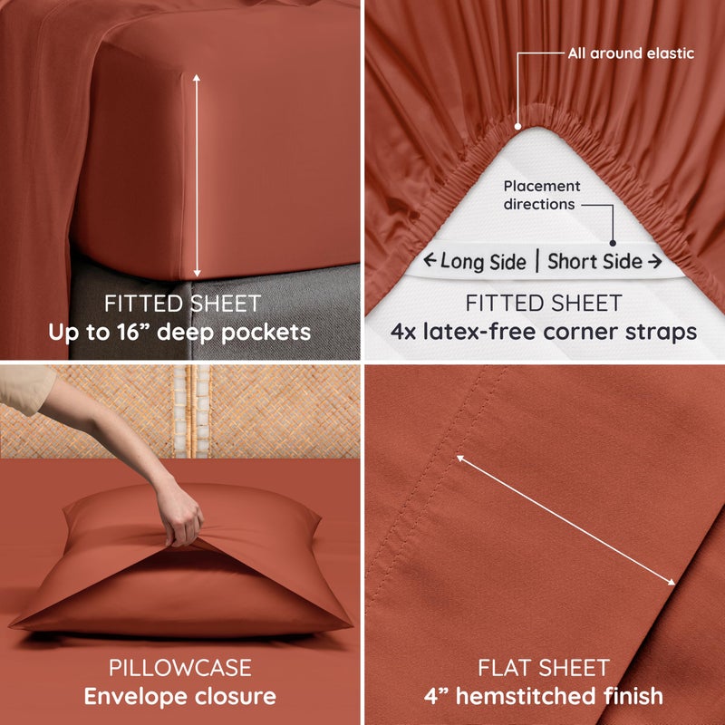Bambaw 100% Viscose Derived From Bamboo Sheets Queen Size Set - 4Pcs Cooling Sheets Queen  Luxury Bedding  Soft & Breathable  Deep Pocket Fits Up To 16'' Mattresses (Terracotta) - Image 5