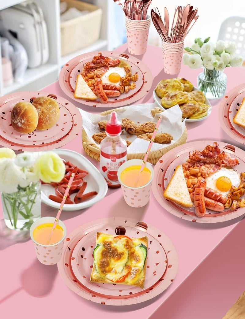 Nkaiso Birthday Party Tableware, 161 Pieces Pink and Rosegold Party Supplies, Party Dinnerware Sets Include Paper Plates Napkins Cups Silverware, for Shower Engagement Parties Decoration -20 Serves - Image 5