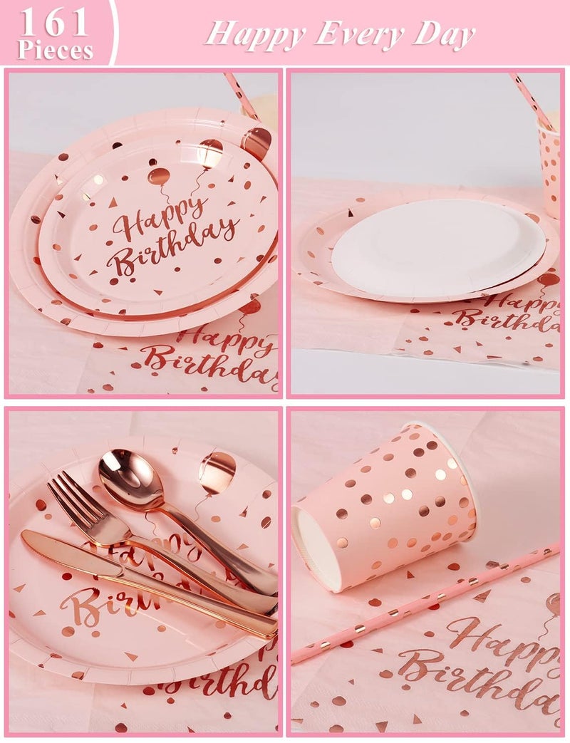 Nkaiso Birthday Party Tableware, 161 Pieces Pink and Rosegold Party Supplies, Party Dinnerware Sets Include Paper Plates Napkins Cups Silverware, for Shower Engagement Parties Decoration -20 Serves - Image 2