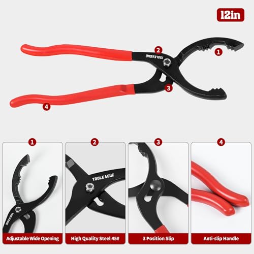 TOOLEAGUE 12" Adjustable Oil Filter Pliers, Oil Filter Wrench Removal Tool for Most Cars,Trucks,Engine Filters(1 Pc) - Image 2