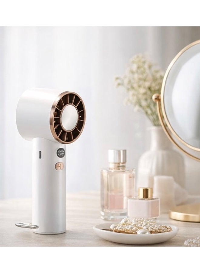 Portable Mini Handheld Fan with Digital Display – Ultra Quiet Cooling, Rechargeable, Lightweight with Hook Design – White & Rose Gold - Image 1