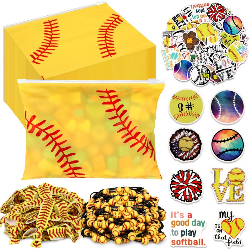 Siifert 390 Pcs Softball Party Favors Softball Team Gifts for Women Include 30 Goodie Makeup Bags 30 Bracelet 30 Hair Ties 300 Sticker for Sports Lovers Birthday Party Decoration - Image 2