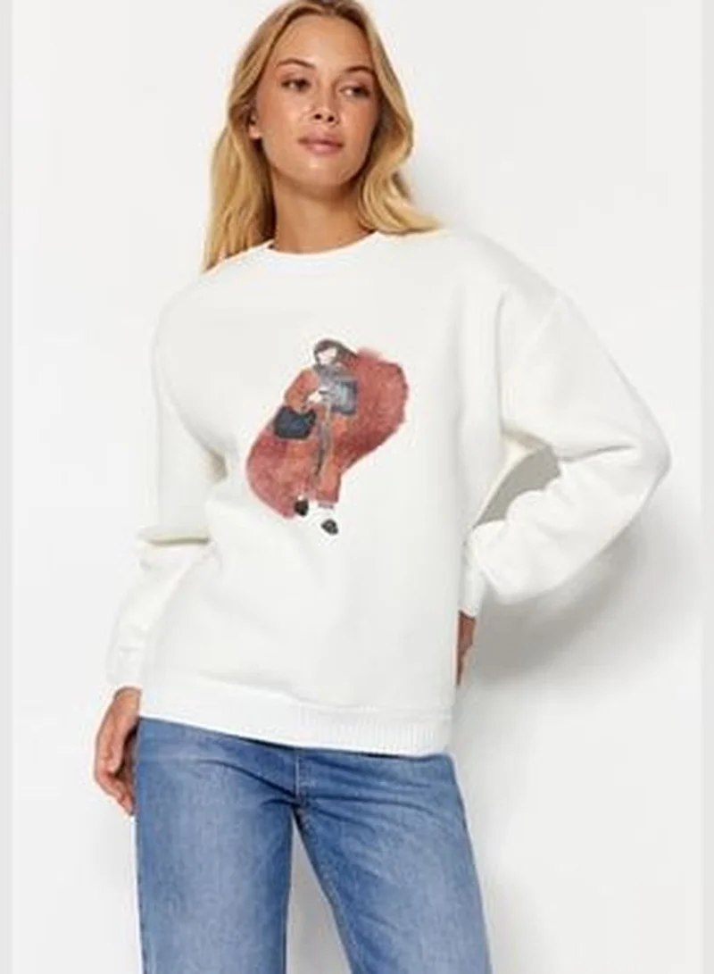 trendyol Ecru Regular/Regular fit Sweater Detailed Printed Fleece Fleece Knitted Sweatshirt TWOAW24SW00051.