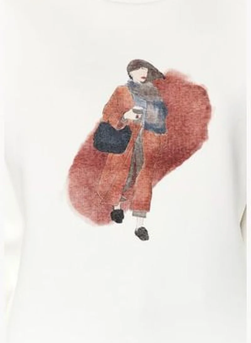 trendyol Ecru Regular/Regular fit Sweater Detailed Printed Fleece Fleece Knitted Sweatshirt TWOAW24SW00051.