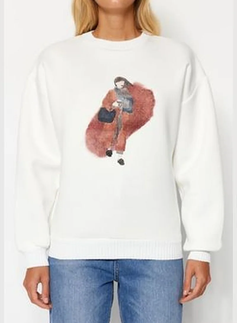 trendyol Ecru Regular/Regular fit Sweater Detailed Printed Fleece Fleece Knitted Sweatshirt TWOAW24SW00051.