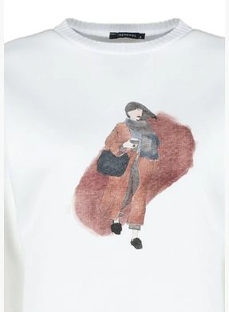 trendyol Ecru Regular/Regular fit Sweater Detailed Printed Fleece Fleece Knitted Sweatshirt TWOAW24SW00051.