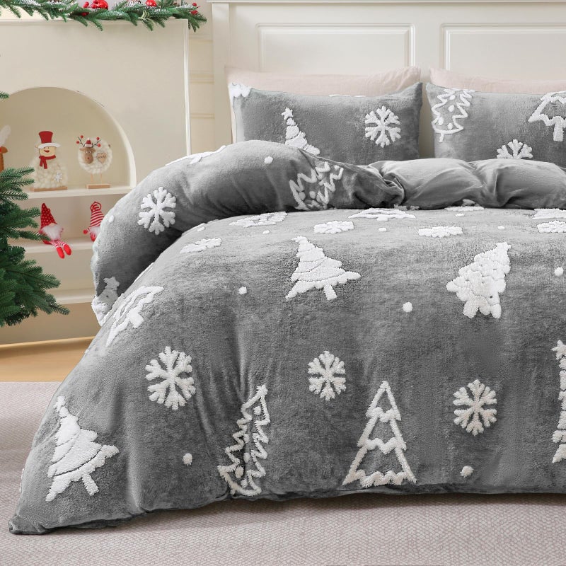 ASPMIZ Christmas Duvet Cover Set King Size Christmas Tree Jacquard King Duvet Covers Fluffy Winter Cozy Bedding Set with Zipper Closure 1 Comforter Cover 104 x 90 2 Pillow Shams 3 Pcs Grey - Image 2