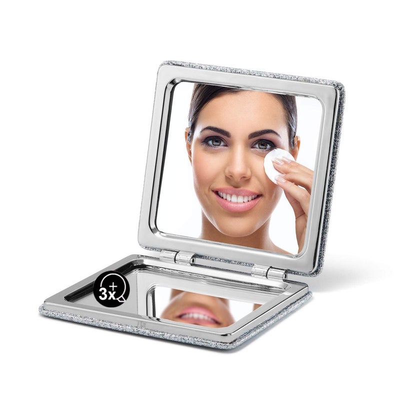 OMIRO Compact Mirror Glitter PU 1X3X Magnification Ultra Portable for Purses Silver