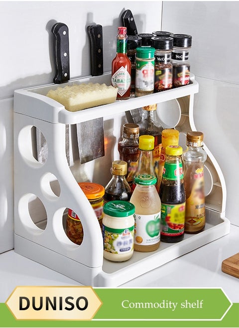 Kitchen spice rack, double layer countertop storage rack, multifunctional bathroom storage rack, suitable for storing jars, spice seasoning jars, kitchen supplies, 38 * 24.5 * 31.5cm, gray