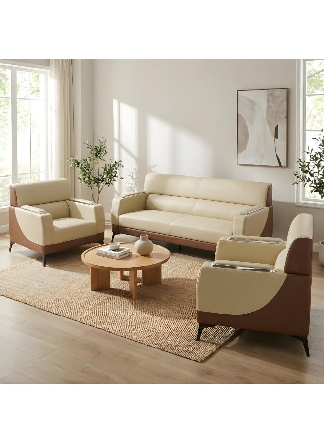 اي بي اكس هوم طقم كنب يوريكا 3+1+1 – كنبة من الجلد الصناعي بخمسة مقاعد لغرفة المعيشة والمكتب | طقم كنب مكتبي عصري (بيج-قهوة) - Image 1