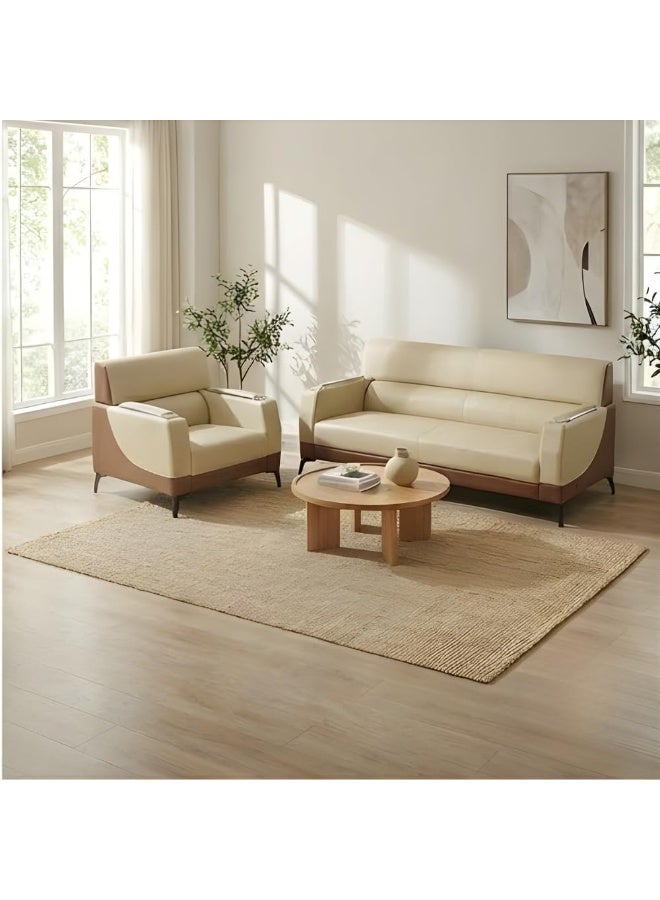 اي بي اكس هوم طقم كنب يوريكا 3+1+1 – كنبة من الجلد الصناعي بخمسة مقاعد لغرفة المعيشة والمكتب | طقم كنب مكتبي عصري (بيج-قهوة) - Image 5