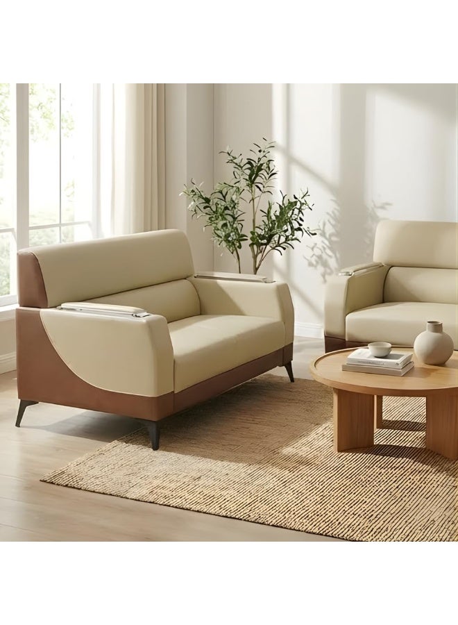 اي بي اكس هوم طقم كنب يوريكا 3+1+1 – كنبة من الجلد الصناعي بخمسة مقاعد لغرفة المعيشة والمكتب | طقم كنب مكتبي عصري (بيج-قهوة) - Image 4