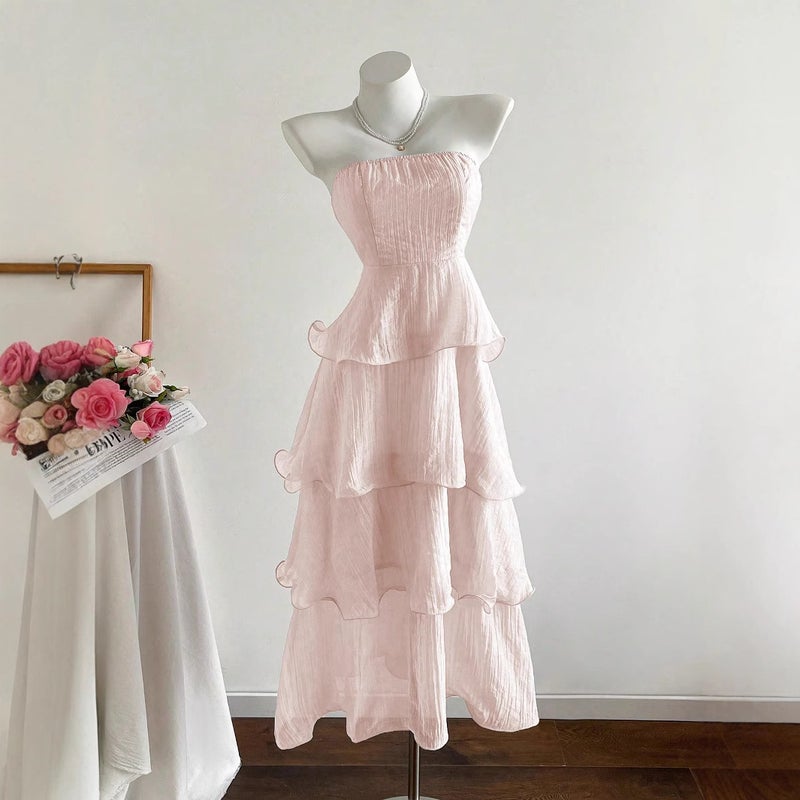 2026 Summer Women's Strapless Solid Color Ruffle Midi Dress