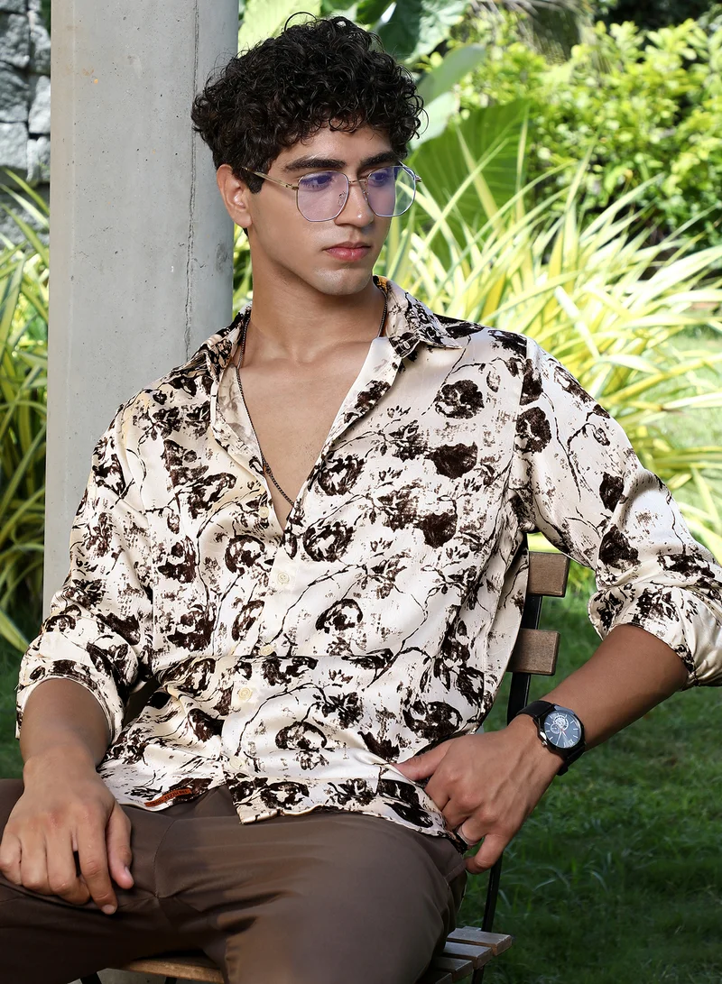 Campus Sutra Campus Sutra Men Faded-Flora Jacquard Shirt | Jacquard-Weave With Abstract Floral Pattern & Spread Collar | Cotton-Blend Fabric & Regular Fit | Casual & Club Wear Full Sleeve Design | Cream White