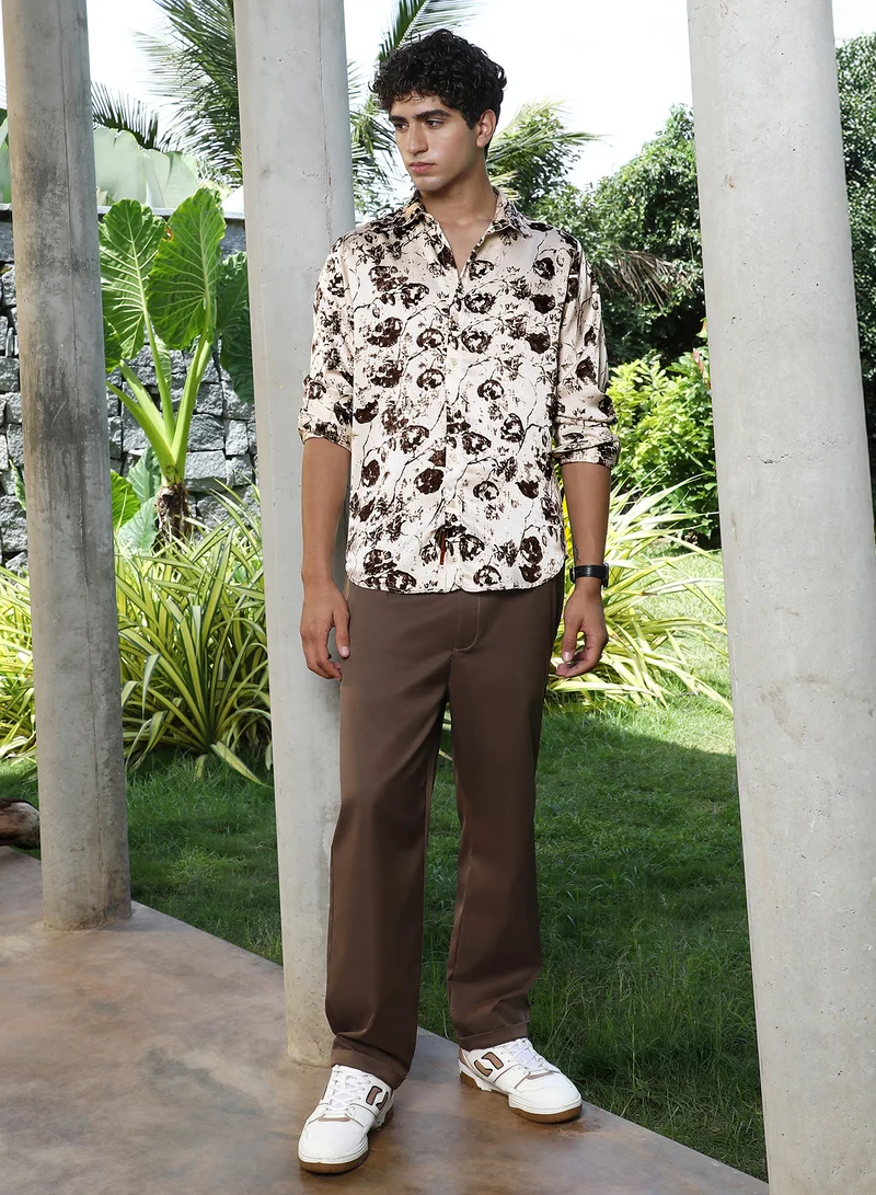 Campus Sutra Campus Sutra Men Faded-Flora Jacquard Shirt | Jacquard-Weave With Abstract Floral Pattern & Spread Collar | Cotton-Blend Fabric & Regular Fit | Casual & Club Wear Full Sleeve Design | Cream White