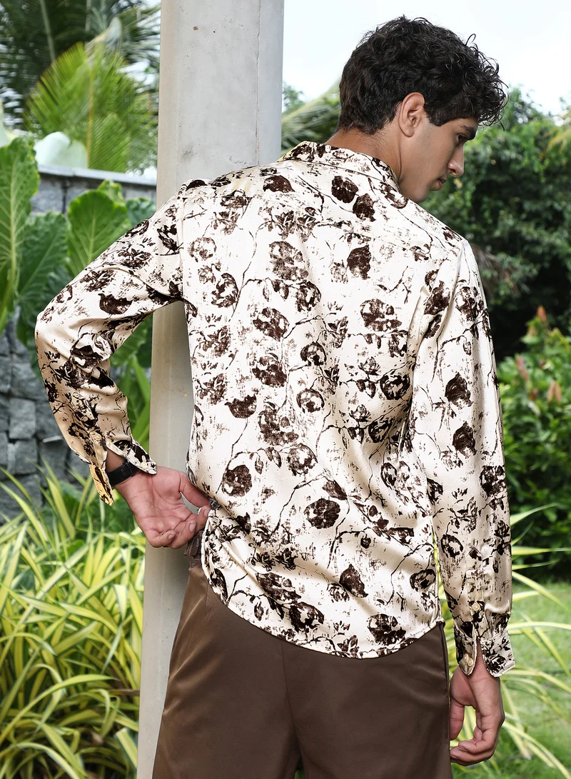 Campus Sutra Campus Sutra Men Faded-Flora Jacquard Shirt | Jacquard-Weave With Abstract Floral Pattern & Spread Collar | Cotton-Blend Fabric & Regular Fit | Casual & Club Wear Full Sleeve Design | Cream White