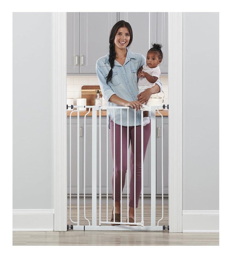 Regalo Easy Step 36 Extra Tall Walk Thru Baby Gate Includes 4Inch Extension Kit 4 Pack of Pressure Mount Kit and 4 Pack Wall Cups and Mounting Kit White