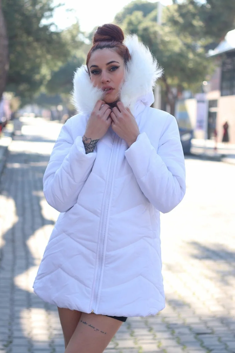 باربورا Daily Winter Hooded Furry Women's Puffer Coat TR331WHITE
