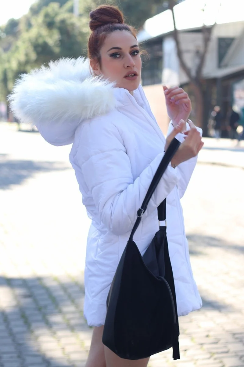 باربورا Daily Winter Hooded Furry Women's Puffer Coat TR331WHITE