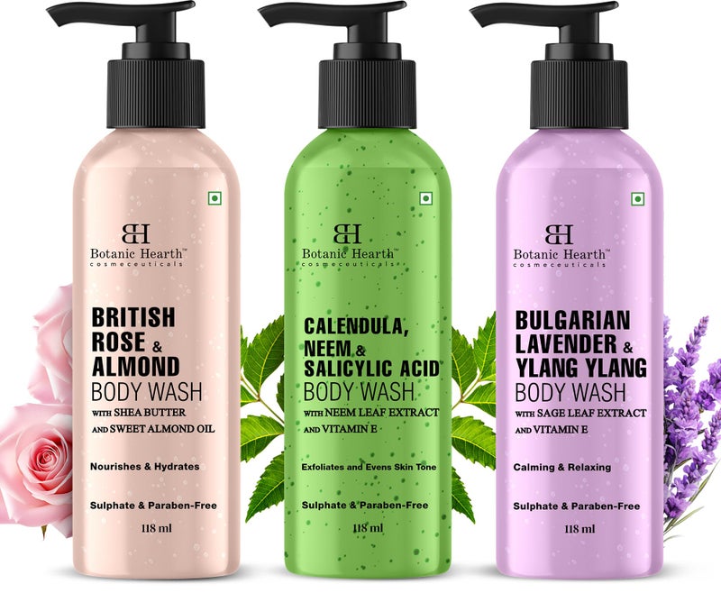 Botanic Hearth Relax & Renew Body Wash Set â€“ British Rose, Lavender & Calendula Neem, Travel-Size 3-Pack, Gentle Cleansing Shower Gel â€“ 4 fl oz Each - Image 1