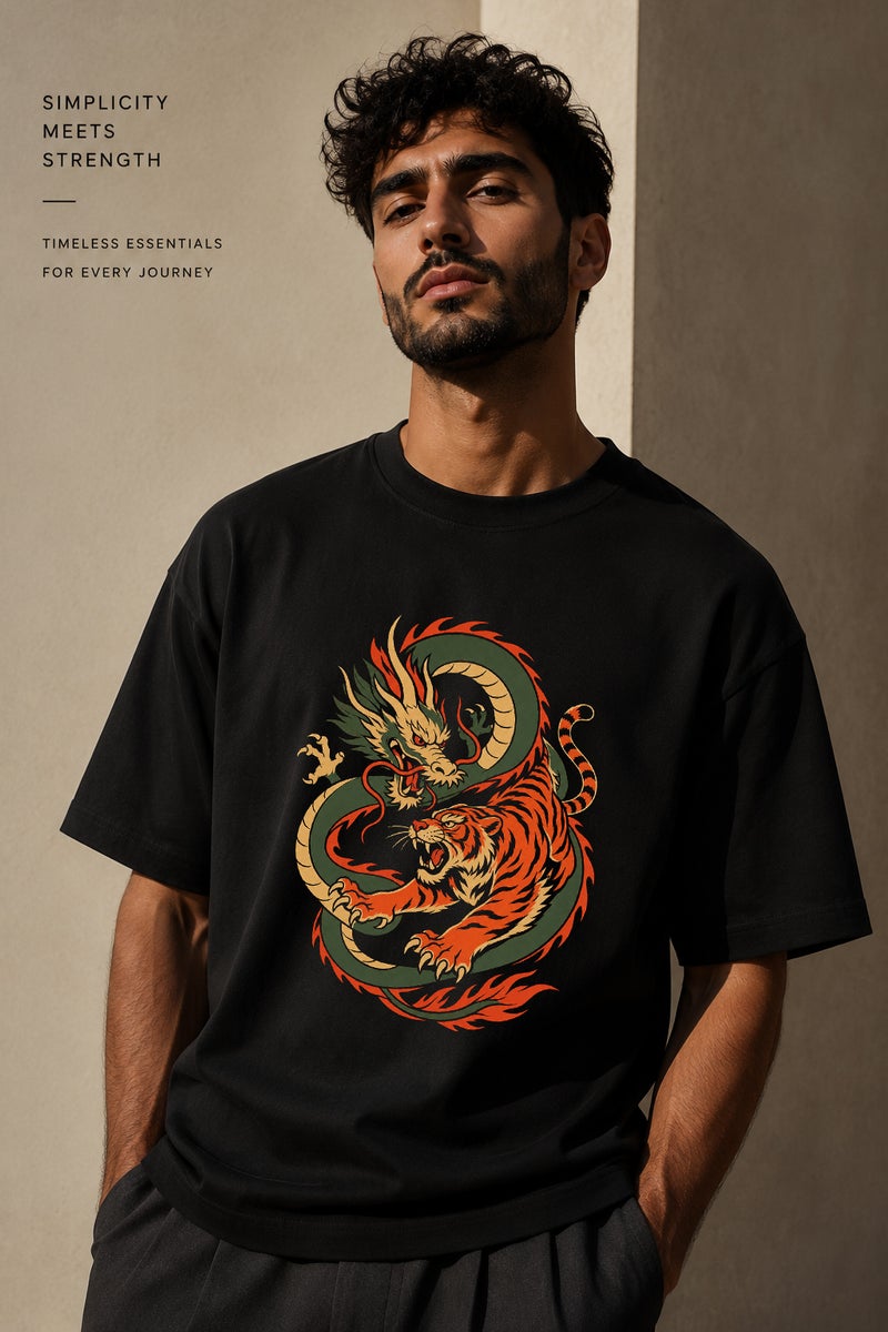 Men's Oversized Black Dragon Tiger Graphic T-Shirt Casual Short Sleeve Crew Neck Streetwear Tee - Image 1
