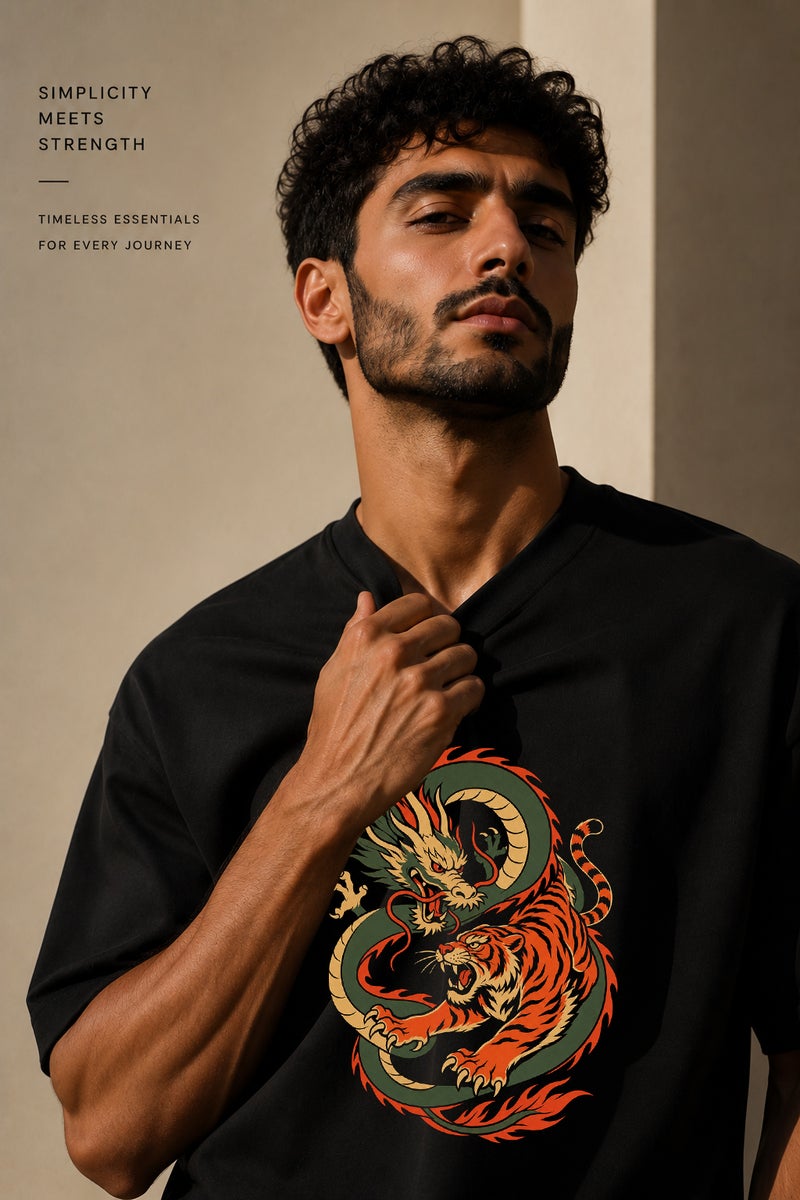 Men's Oversized Black Dragon Tiger Graphic T-Shirt Casual Short Sleeve Crew Neck Streetwear Tee - Image 5
