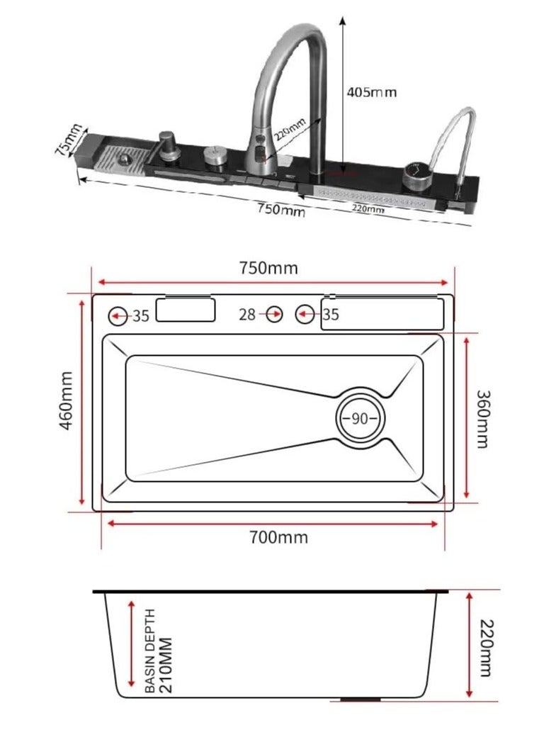 NOVEX حوض مطبخ واهل رقمي مع غسالة أكواب، موزع صابون، موزع شلال مطر طائر، تحكمات على السطح، إلخ حوض مطبخ محطة عمل - Image 4