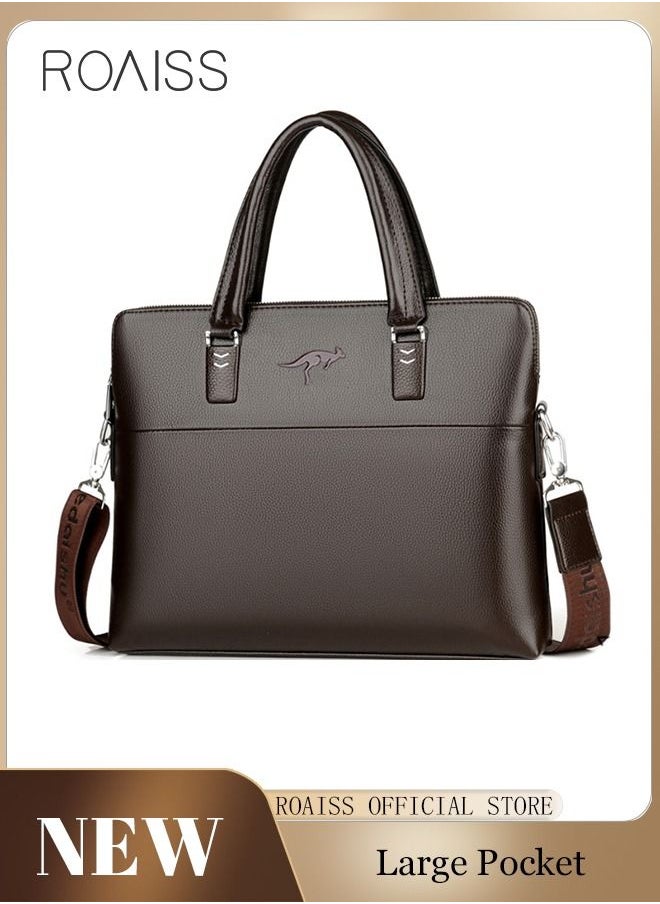 roaiss Classic PU Business Leather Briefcase 14-Inch Laptop Bag Large Slim Messenger Bag Soft Top Handle Handbag with Long Straps for Men Travel Office Work  - Image 1