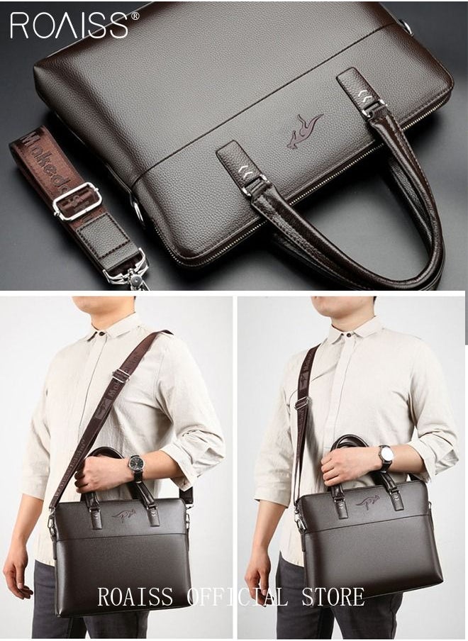 roaiss Classic PU Business Leather Briefcase 14-Inch Laptop Bag Large Slim Messenger Bag Soft Top Handle Handbag with Long Straps for Men Travel Office Work  - Image 3