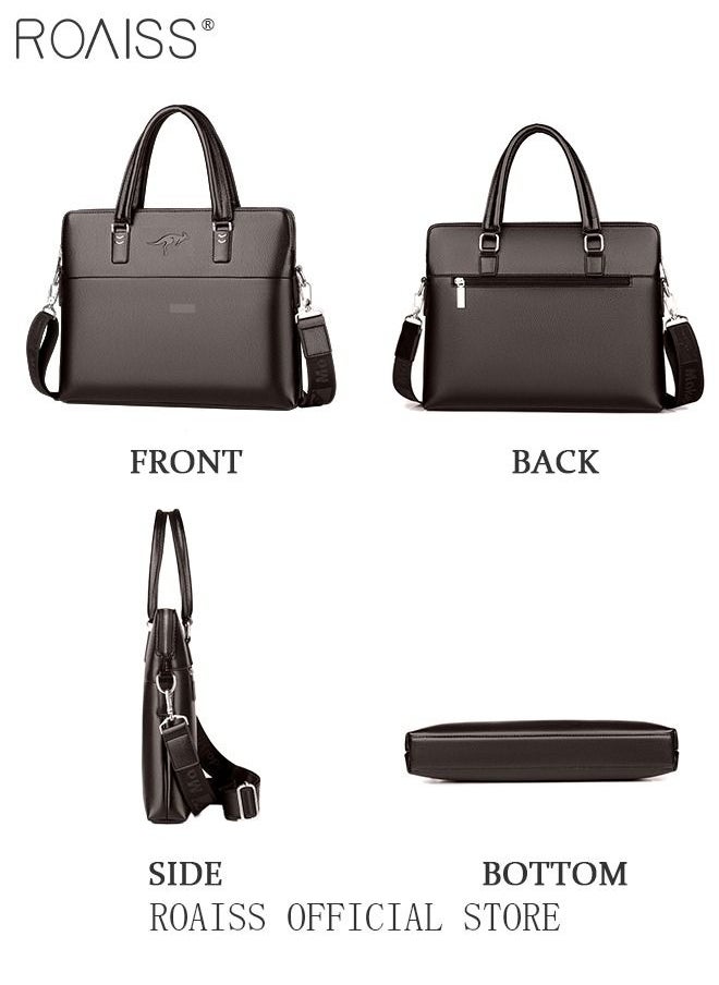 roaiss Classic PU Business Leather Briefcase 14-Inch Laptop Bag Large Slim Messenger Bag Soft Top Handle Handbag with Long Straps for Men Travel Office Work  - Image 4
