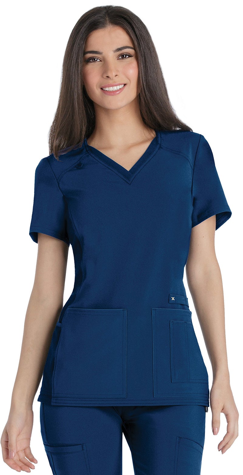 Cherokee Women's Iflex V-Neck Knit Panel Top, Navy, Small - Image 1