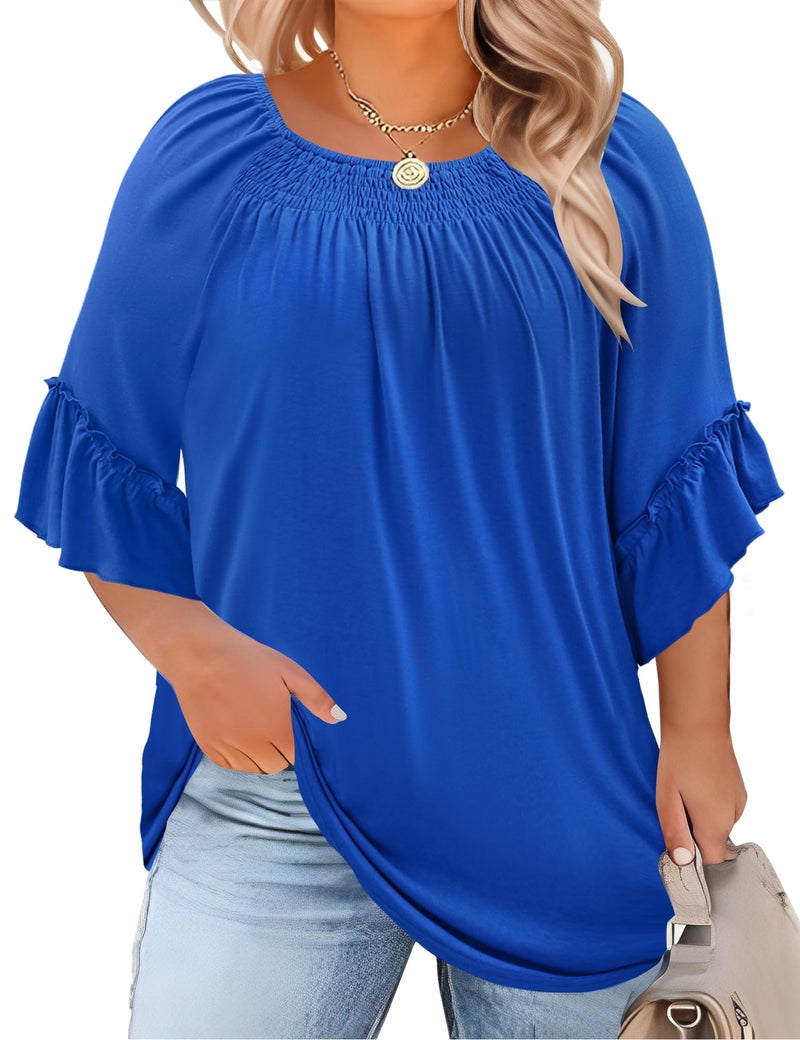 Micoson Plus Size 3/4 Sleeve Tops for Women Half Sleeve Shirts Dressy Casual Crewneck Tunic Plus Work Tops Business Elegant Top Blue - Image 1