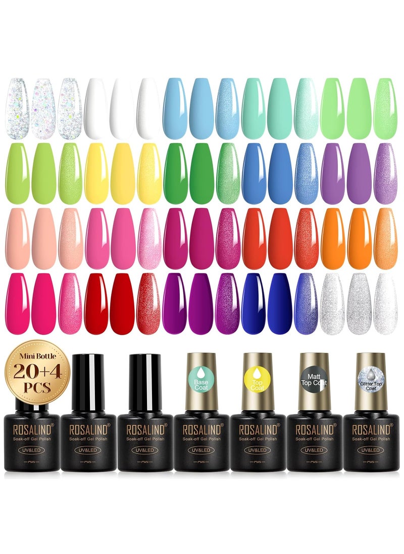 Rosalind - ROSALIND 24Pcs Neon Gel Nail Polish Set with Gel Base and Matte Glossy Glitter Top Coat, Bright Neon Colors Nail Gel Polish Soak Off UV Manicure Rainbow Nail Art - Image 1