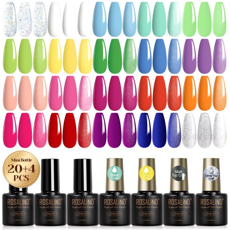 ROSALIND 24Pcs Neon Gel Nail Polish Set with Gel Base and Matte Glossy Glitter Top Coat Bright Neon Colors Nail Gel Polish Soak Off UV Manicure Rainbow Nail Art - Image 2