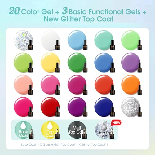 ROSALIND 24Pcs Neon Gel Nail Polish Set with Gel Base and Matte Glossy Glitter Top Coat Bright Neon Colors Nail Gel Polish Soak Off UV Manicure Rainbow Nail Art - Image 3