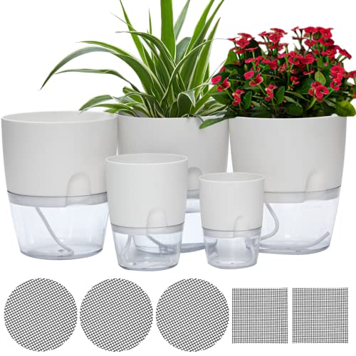ETGLCOZY Self Watering Pots for Indoor Plants 5 Pack 64132 Inch Flower Pot Modern Decorative Plastic Planter with Extra Large Water Storage for All House Plants Flowers HerbsWhite