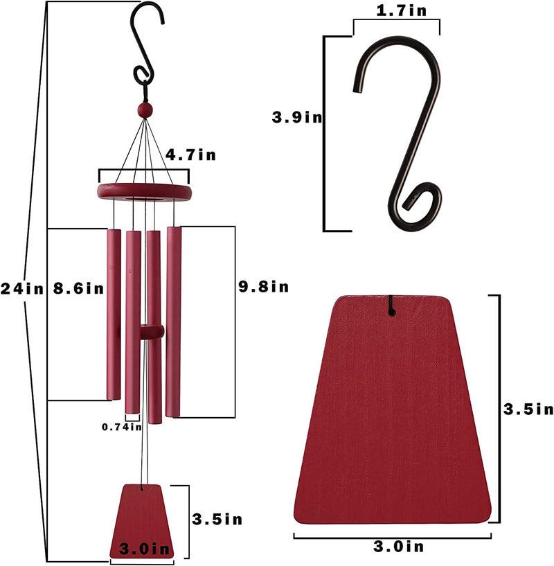 Buko Natural Melodious Aureole Tunes Wind Chimes for Home Outdoor with 4 Tubes 100 Rustproof Aluminum Powder Finish S Hook Hanger for Sympathy Zen Garden 24inch BUKO_Windchime_UNC24RD - Image 3